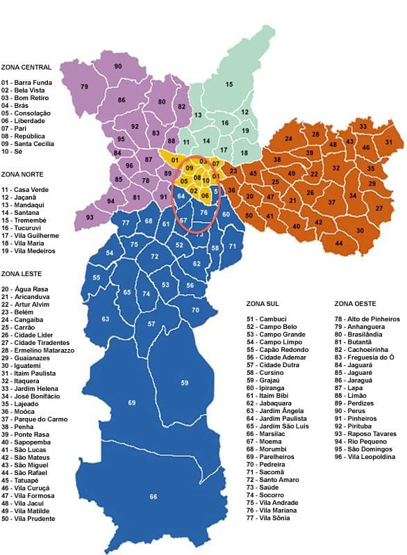 サンパウロの地区の地図